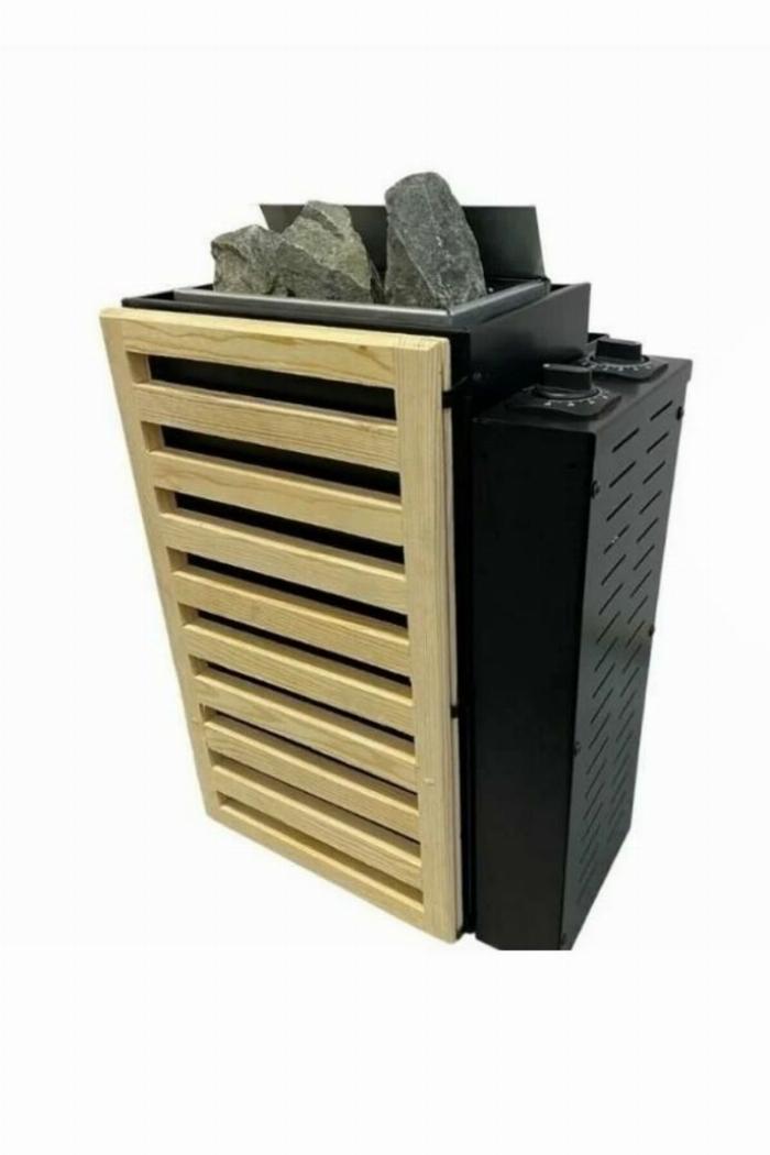 Orta boy bir ahşap saunaya monte edilmiş modern 9 kw sauna sobası ve kontrol paneli