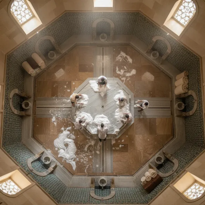 Gaziantep sauna hamam ritüelinin önemli bir parçası olan geleneksel kese köpük masajı uygulaması