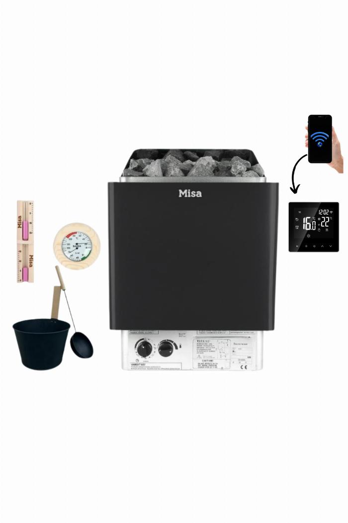 İkinci el sauna sobası için alınması tavsiye edilen yeni, kaliteli ve volkanik sauna taşları bir kutu içinde.